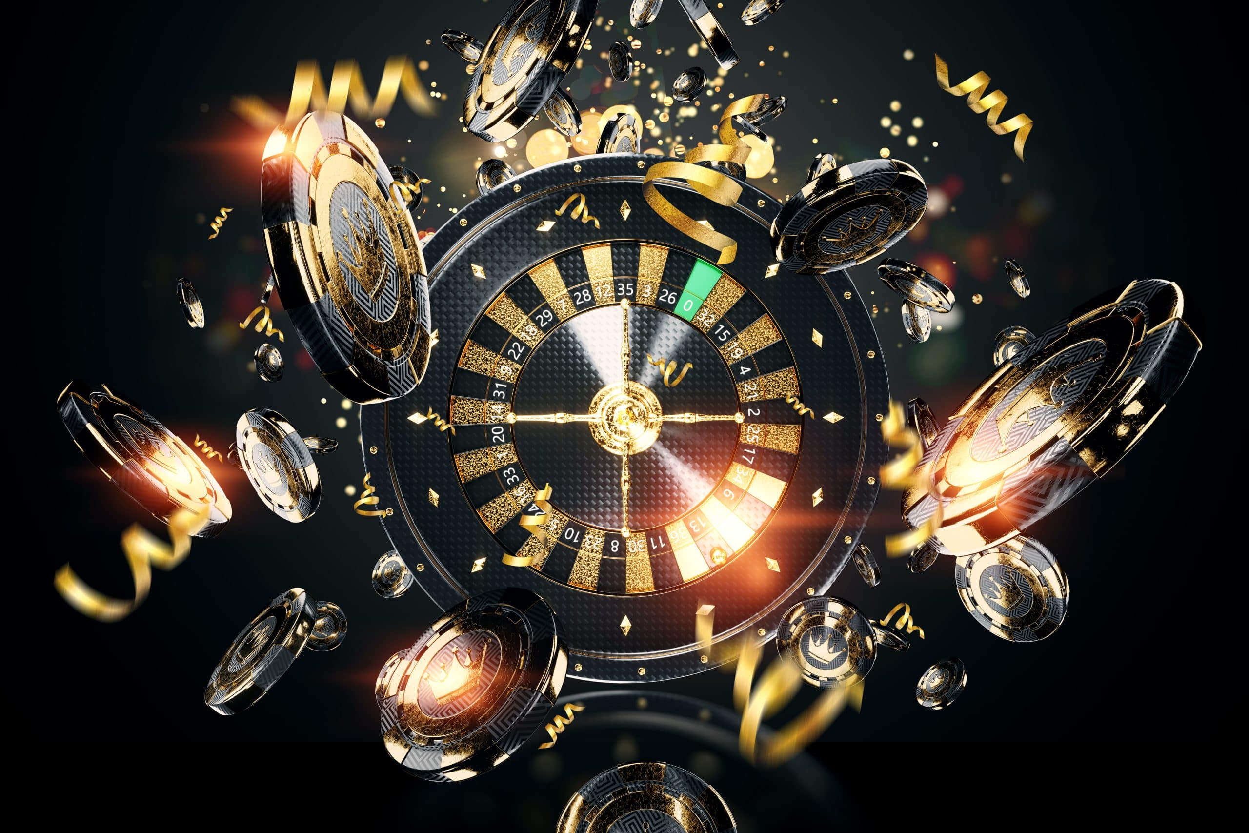creative casino template background design with black gold playing chips roulette concept roulette gambling entertainment hat site 3d illustration 3d render scaled