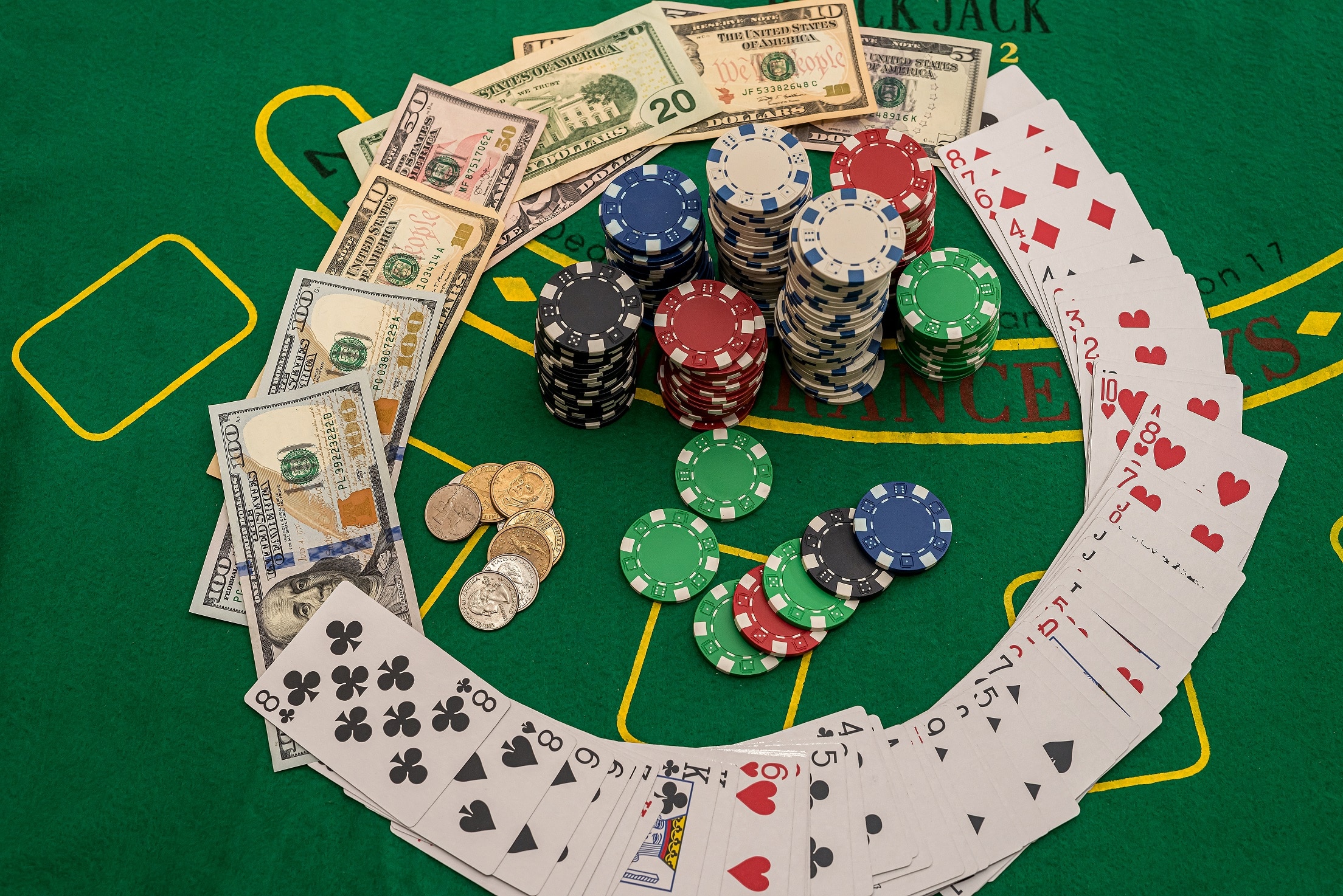 multicolored poker cards chips dollar banknotes laid out new green poker table poker concept excitement concept